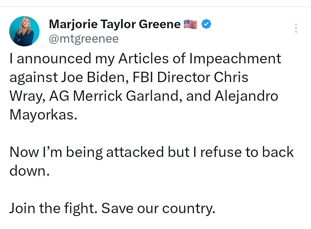 What's Your response to Marjorie Traitor Greene ???

[Me: How about we 'fight' to 'save our country' by urging Congress to apply the 14th Amendment & get 'Election Denying/Seditionist' MTG expelled from Congress, ASAP!]