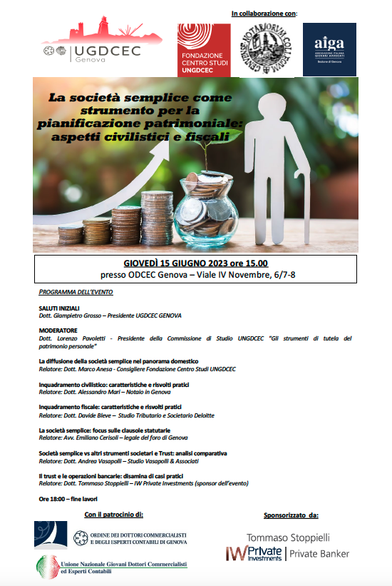 La società semplice con strumento per la pianificazione patrimoniale: aspetti civilistici e fiscali.
La #societàsemplice, solo di nome.
Invito per gli amici di Genova e dintorni.
per iscrizioni: lnkd.in/d89iccVv