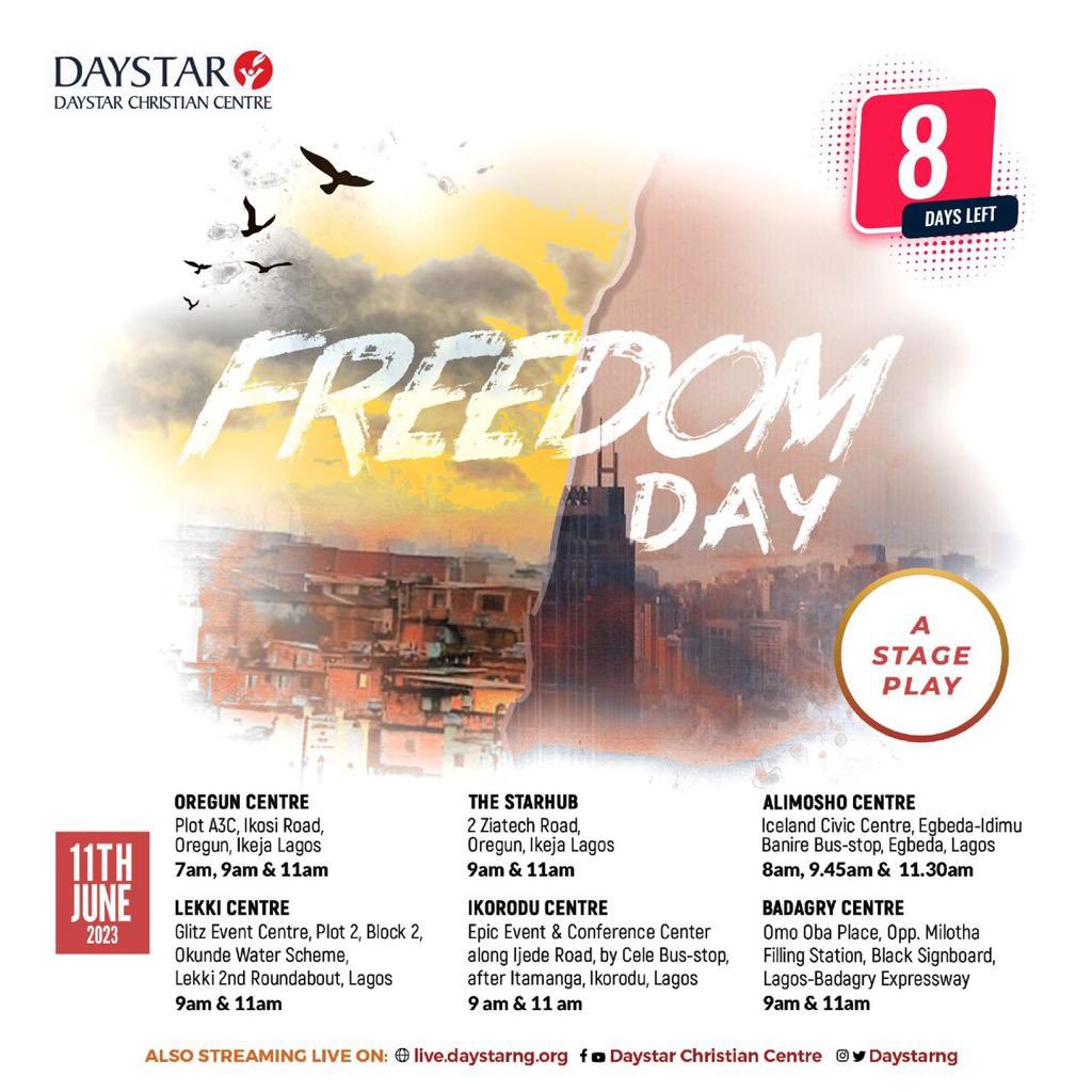 seunladokun's tweet photo. Dive into the depths of faith and freedom with our extraordinary stage play @DaystarNG. Save the date #June11th #Embraceyourfreedom https://t.co/9Xmue7sup7