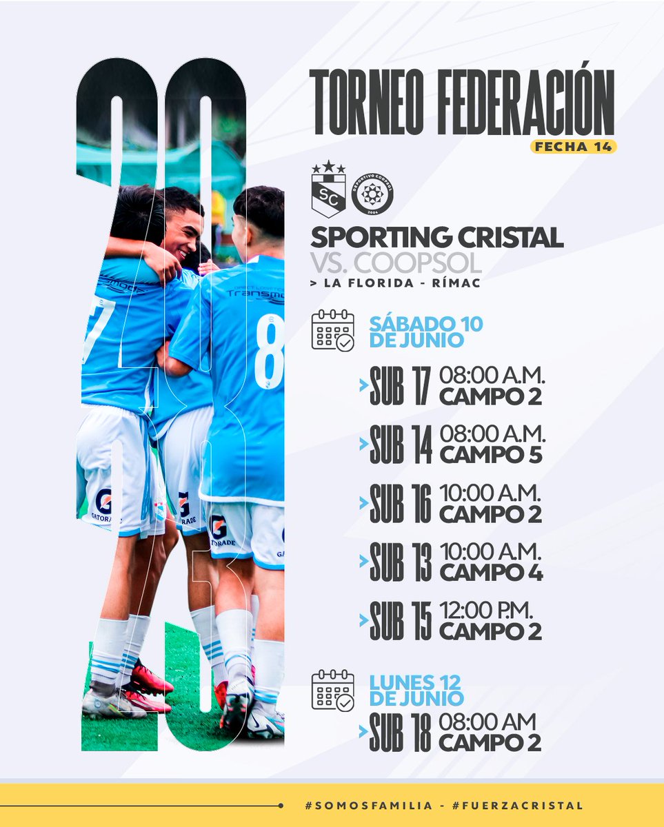ClubSCristal's tweet photo. 🏆 COPA FEDERACIÓN 🙌

🔜 #Coopsol ⚽ 
🗓️ Sábado 10 y lunes 12 de junio. 
📍 La Florida, Rímac. 

¡VAMOS, CHICOS! 👊 

#FuerzaCristal https://t.co/BMCcHMAltc