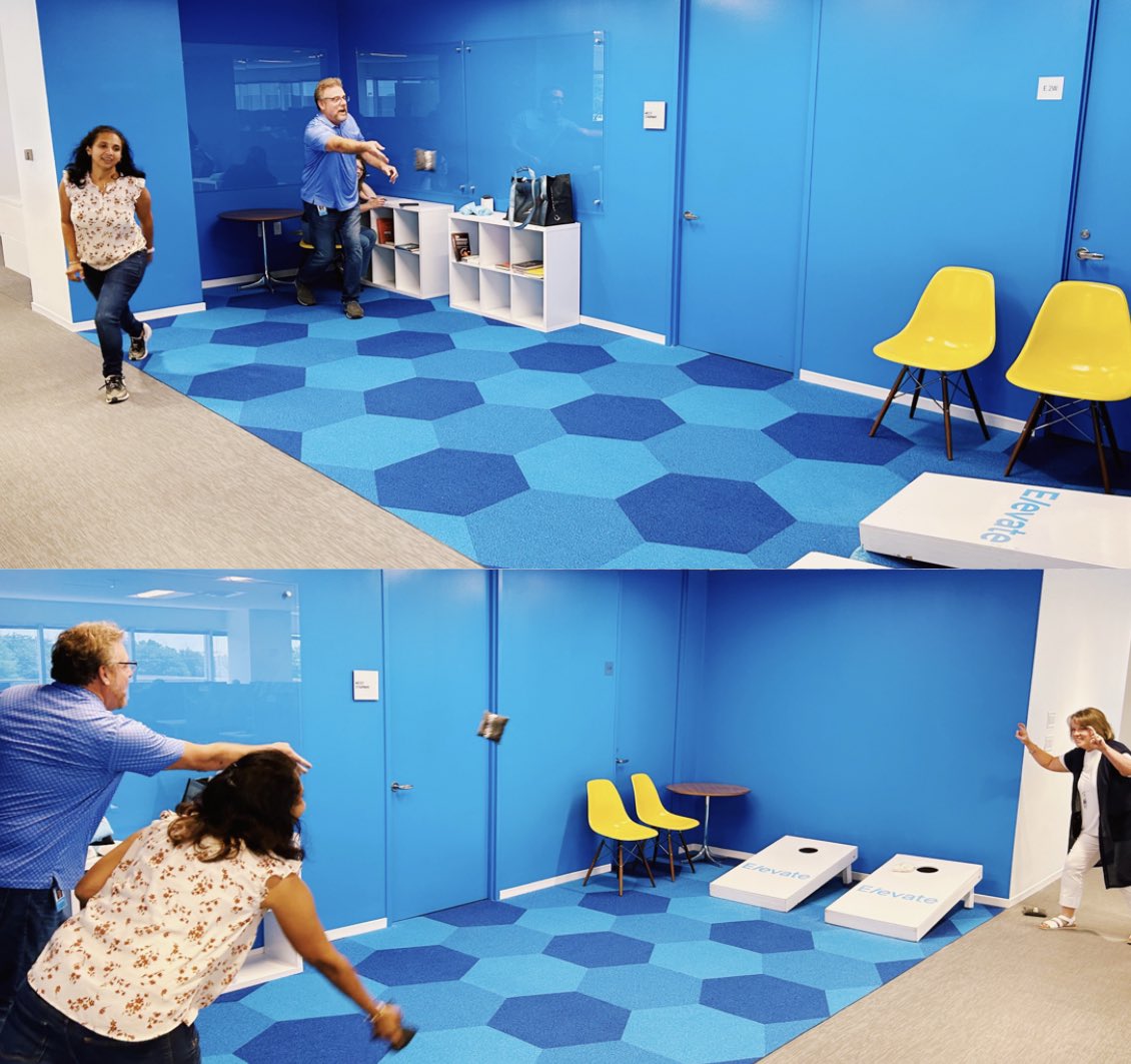 ElevateCorp's tweet photo. Starting June off with some friendly competition at Elevate’s Addison office. Thanks to everyone who came out to participate in the ET (Enterprise Technology Team) #OfficeOlympics!🏆And, congrats to the champs! https://t.co/F8bSAzrqMY