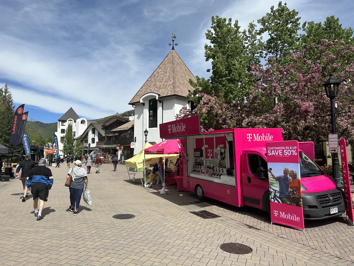 MikeBelcher4's tweet photo. Blue skies, green trees, and… streets lined with magenta @vailmtn! 🤩@TMobile customers at the #GoProMtnGames can stay cool in the VIP lounge or with a 5Gelato and stay connected with life on the mountain! https://t.co/4GasuKsyrV