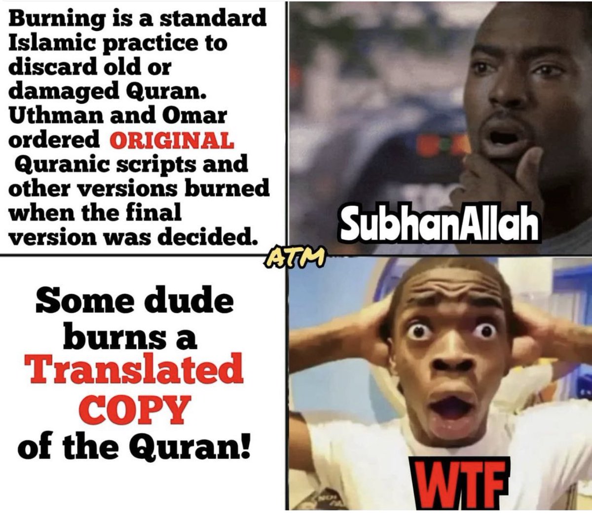 The sad reality is that burning of the Quran is the standard Islamic practice of destroying old or unwanted books. It is not haram. It would have been more haram to flush it down the toilet or throw it in the bin. If burning of the Quran was such a huge insult to Islam, Uthman,…