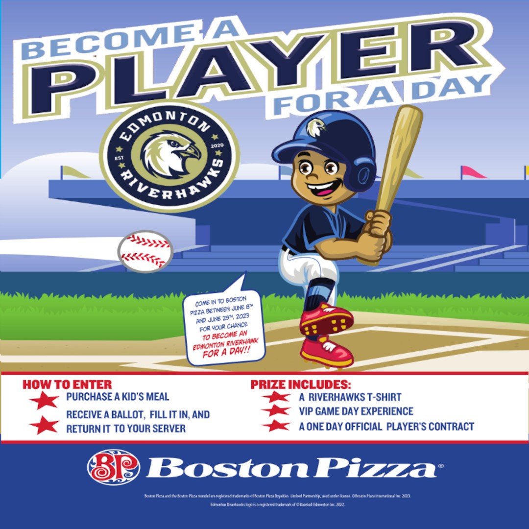 Who wants to be a Riverhawk Baseball Player for a Day?!! Enter to win to become a player for a day at participating locations, see your server for more details. Enter before June 29, 2023.⚾️

#BostonPizza #BostonPizzanab #edmontonriverhawks #baseball #yeg #playerforaday