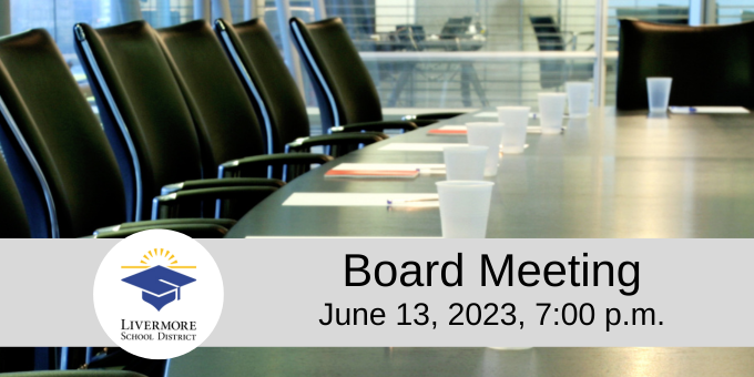 Livermore Schools (@livermoreschool) on Twitter photo The next <a href="/Livermoreschool/">Livermore Schools</a> Board of Education Meeting will be held in person in the LVJUSD Boardroom on Tuesday, June 13, 2023, at 7:00 p.m.
For the agenda, information on making a public comment, and a link to watch the meeting virtually, visit livermoreschools.org/Page/7134 The next <a href="/Livermoreschool/">Livermore Schools</a> Board of Education Meeting will be held in person in the LVJUSD Boardroom on Tuesday, June 13, 2023, at 7:00 p.m.
For the agenda, information on making a public comment, and a link to watch the meeting virtually, visit livermoreschools.org/Page/7134