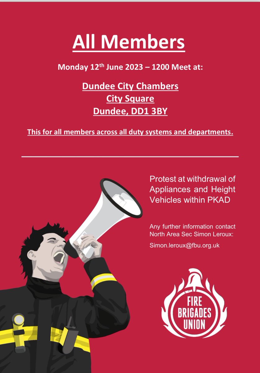 💥Protest @ withdrawal of appliances and height vehicles💥 Monday 12 June, Dundee City Chambers, City Square, assemble @ 12:00💥 Cuts impact community &amp; firefighter safety! we need to demand immediate &amp; sustained investment is made &amp; the removal of these appliances is revoked!