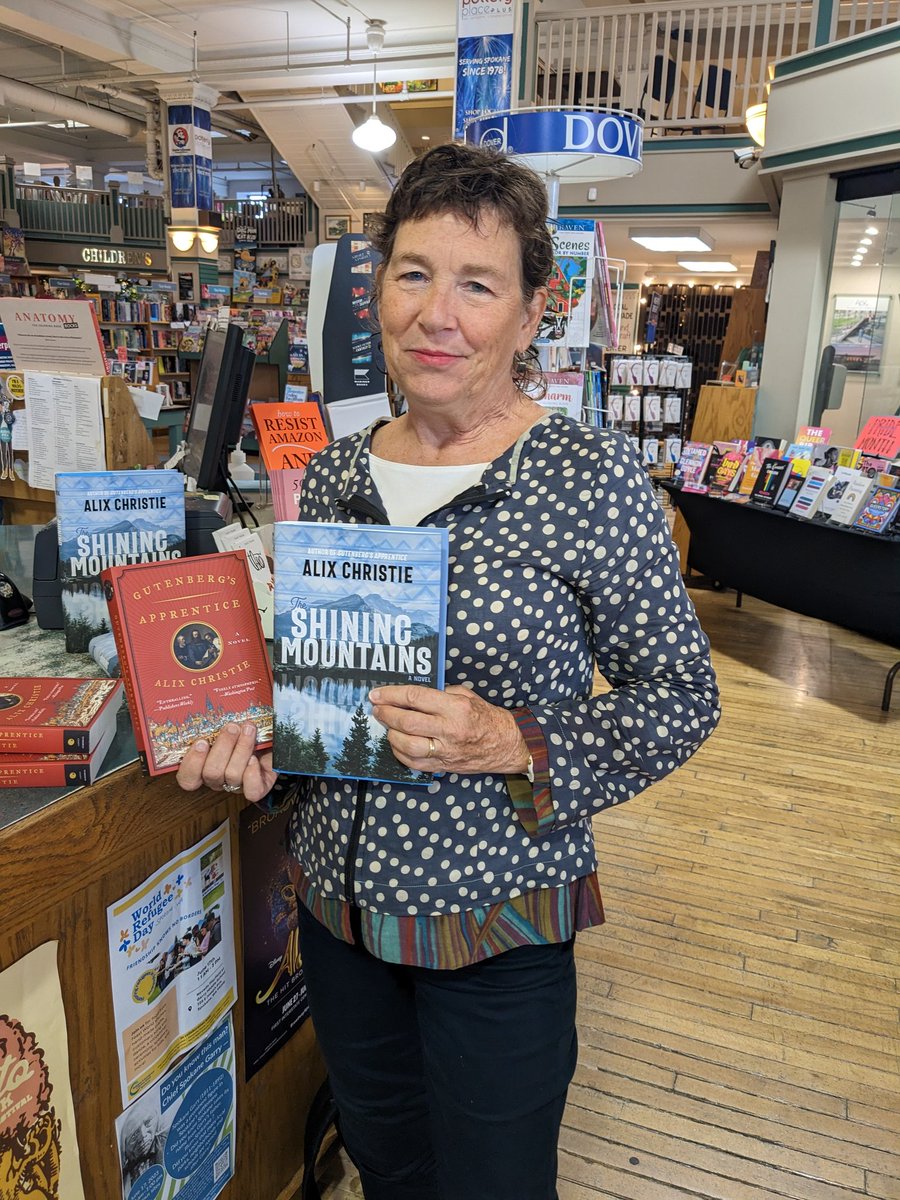 Quick visit to the lovely @auntiesbooks in Spokane to sign copies of #TheShiningMountains and look, they have #gutenbergsapprentice too! #historicalfiction #historicallovestories #truehistory #pacificnorthwest read all about the deep multicultural history of this country