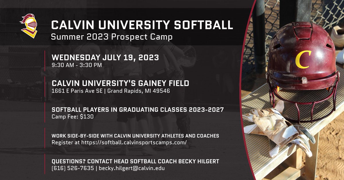Our summer prospect camp is set for Wednesday July 19! Open to players in grad years 2023-2027. Come learn about our program & see what it takes to play at the next level! Camp is run by Calvin coaches & players. Learn more at softball.calvinsportscamps.com #csb #FutureKnights