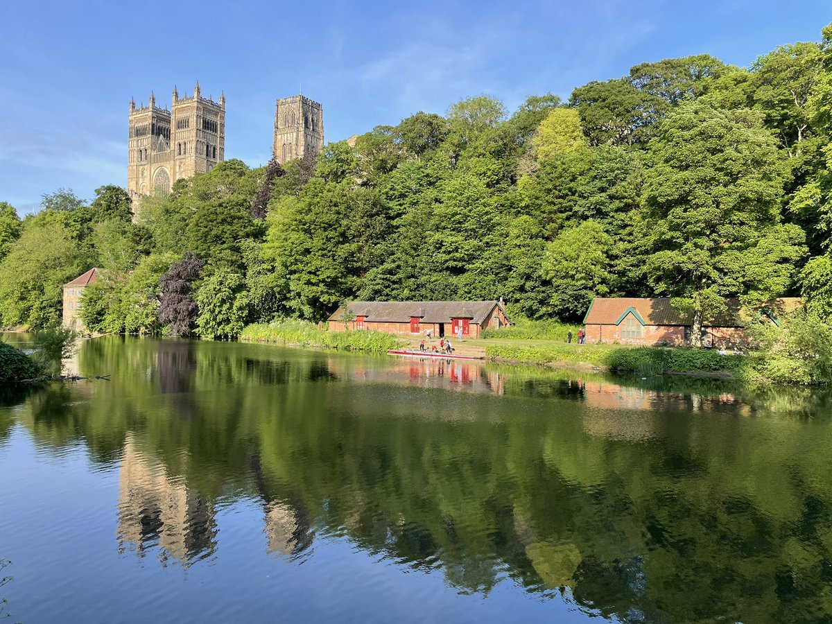 View of <a href="/durhamcathedral/">Durham Cathedral</a> towering above the River Wear in the early evening sunshine in #Durham City today