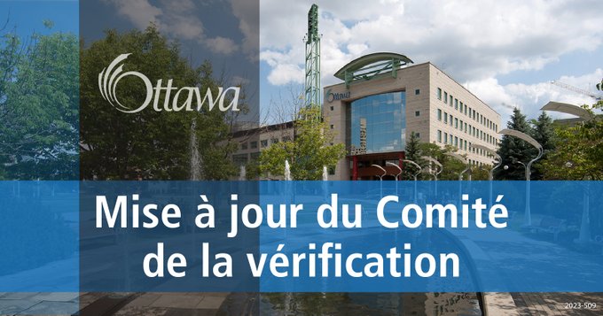 Illustration sur laquelle on aperçoit l’hôtel de ville d’Ottawa à l’arrière-plan. Au premier plan figurent un trait gris vertical et un trait bleu horizontal. L’inscription « Mise à jour du Comité de la vérification » est au centre.