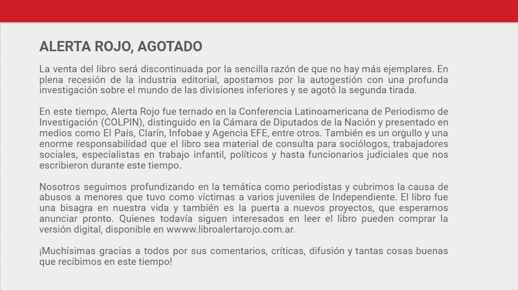 LibroAlertaRojo's tweet image. 🚨@LibroAlertaRojo, AGOTADO 

¡Muchas gracias a todos!

💻 Más información en libroalertarojo.com.ar