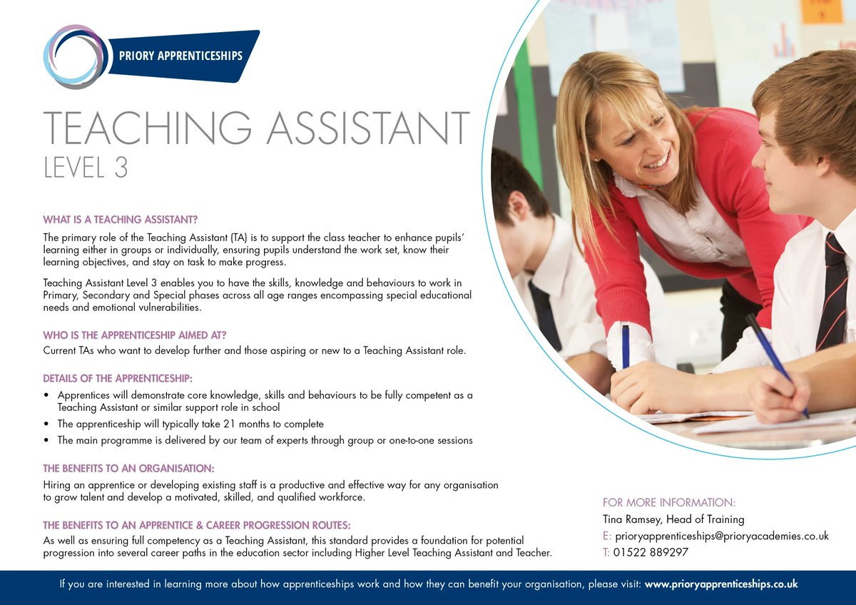 Priory Apprenticeships are recruiting for a Teaching Assistant to be based at The Priory LSST, click the link below to apply! 

🖥️ buff.ly/3WI5v8I 

The closing date is the 23rd of May so be sure to get your application in soon!