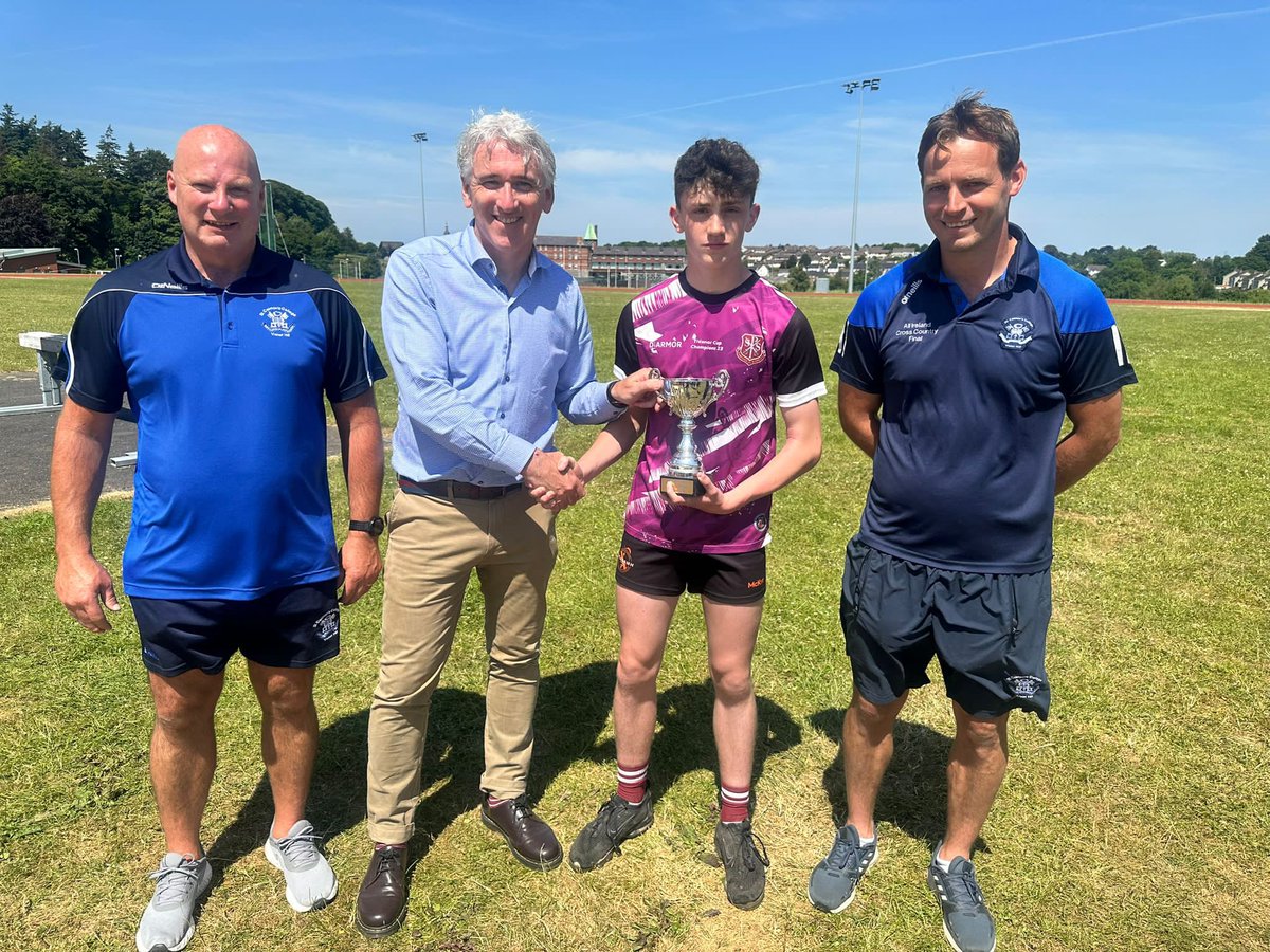 Best overall team at the #vhcathleticsinvitational2023 is @stpaulsbbrook Fantastic Champions, well done! Captain Jarlath O’Neill is Pictured with Head of PE Mr Murray, Principal of St Colman’s College Mr McKinney and Organiser of today’s event Mr Henry