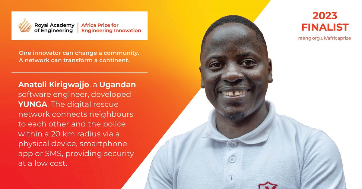📣  Thrilled to announce our lead @Anatoli411 reaching Africa Prize for Engineering Innovation finals by @RAEngGlobal.
Stay tuned! #YUNGA #EngineeringInnovation #AfricaPrize #RAEngGlobal #Innovation #Impact #CommunitySafety.