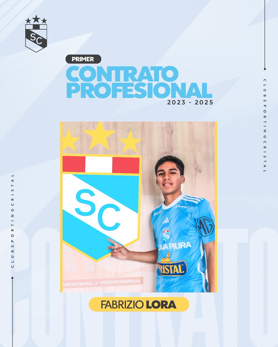 ClubSCristal's tweet photo. ✍️ Nuestro lateral izquierdo Fabrizio Lora firmó su primer contrato profesional con el Club. El vínculo se extiende hasta diciembre de 2025. 

¡Vamos por más, Fabrizio! ⚽💪

#FuerzaCristal https://t.co/6uBcbIY7cW