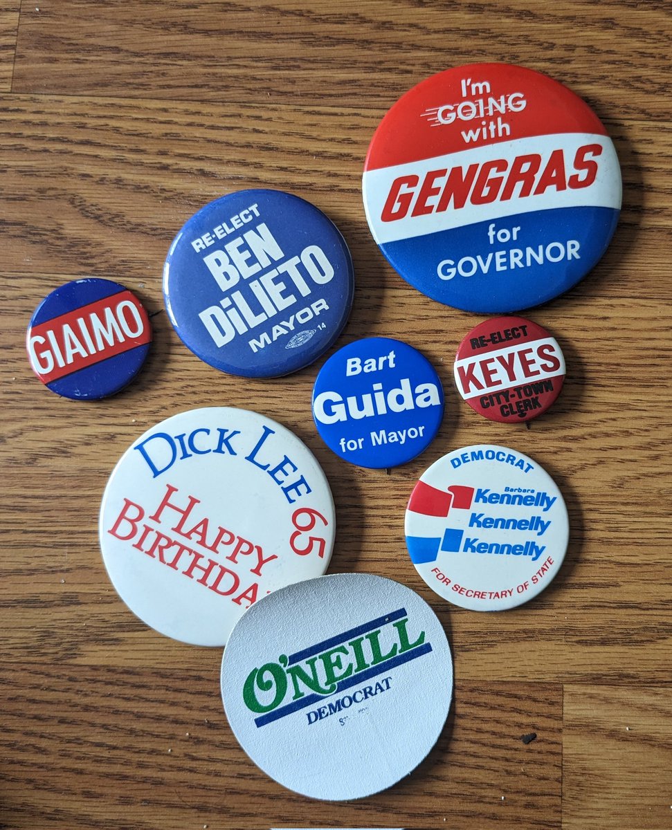 Just acquired a very fine collection of CT & New Haven political pinbacks from the estate of Orest Dubno, who was a longtime New Haven political machine ward-heeler and deputy tax commissioner under Ella Grasso. Includes buttons from Dick Lee's final 3 re-election campaigns.