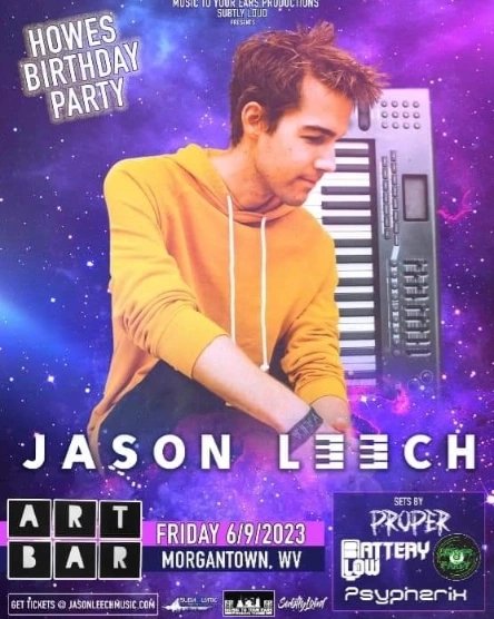 Tonight <a href="/jasonleechmusic/">Jason Leech</a> is LIVE at Morgantown Art Bar. Plus DJ sets from <a href="/howesparty/">howesparty</a> <a href="/psypherix/">Psypherix</a> <a href="/DommyGills/">That’s Proper Music</a> <a href="/spikeyeezy/">Spike Yee</a> <a href="/BatteryLow__/">Dylan Miranda</a>  starting at 9pm.$20adv/$25door  18+ 
Tix @
Jasonleechmusic.com 
#Morgantown #WestVirginia #WVU #BassMusic #Electronic #EDM