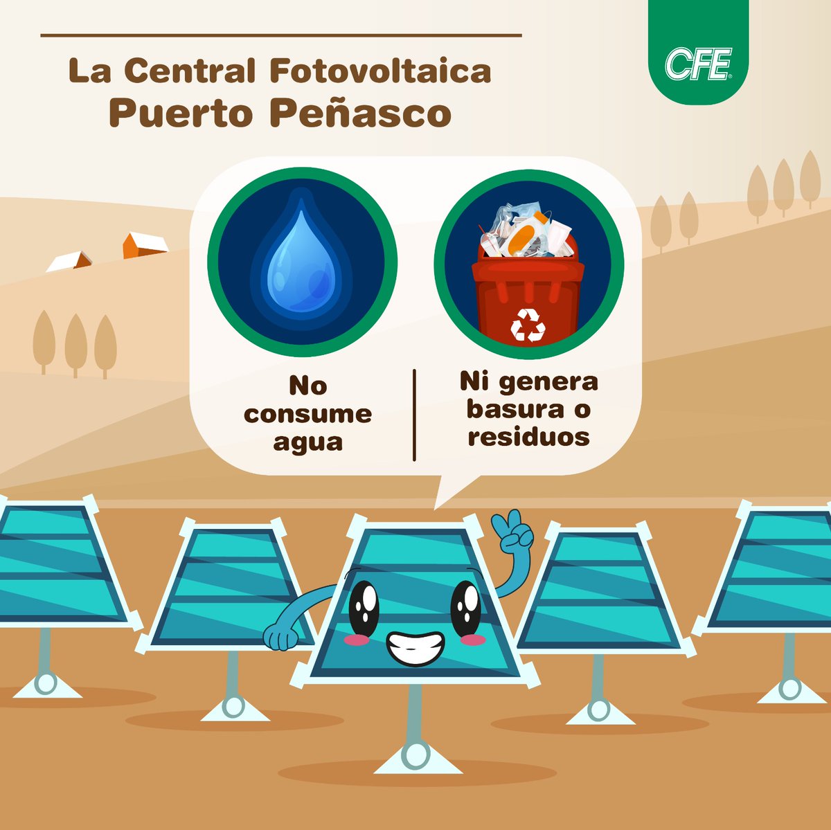 CFEmx's tweet photo. La Central Fotovoltaica #PuertoPeñasco no consumirá agua ni producirá residuos o basura en su proceso de generación. https://t.co/400dAaZr4i
