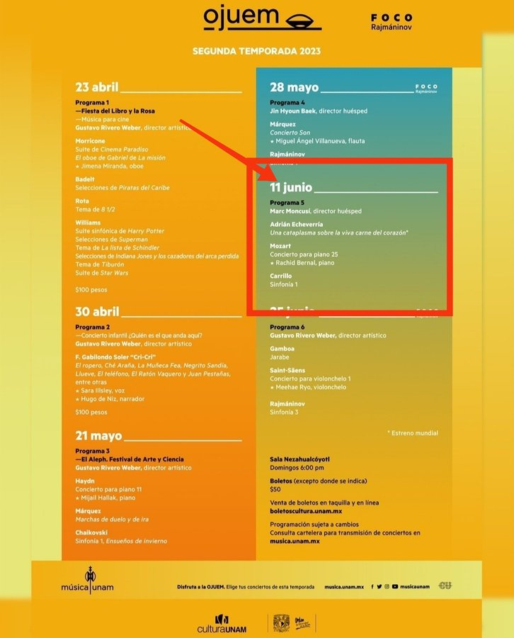 🎶🎹Este domingo 11/06 no se pierdan el concierto del maestro catalán <a href="/MarcMoncusi/">Marc Moncusí</a> en la Sala Nezahualcóyotl de <a href="/CulturaUNAM/">CulturaUNAM</a>, dirigiendo la Orquesta Juvenil Universitaria Eduardo Mata #OJUEM, con <a href="/rachidbernal/">rachid bernal</a> al piano. 

🎟️Boletos: acortar.link/Zjqw7Z
