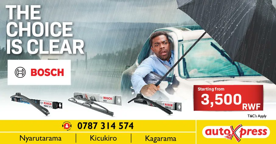 Don't be caught in a heavy downpour with a cloudy vision - get a clear view ahead with Bosch wiper blades!

Upgrade to the ultimate wiper performance today for the best results and safest travels! Get Bosch Wiper Blades only at AutoXpress!

auto-xpress.co.rw/wipers-2/

 #WiperBlades