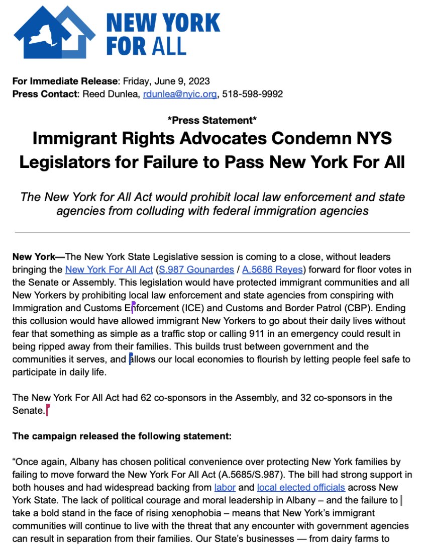 🚨STATEMENT: Immigrant Rights Advocates Condemn NYS Legislators for Failure to Pass #NY4All. 'The lack of political courage & moral leadership in Albany – and the failure to take a bold stand in the face of rising xenophobia ...' Full Statement ⤵️⤵️ nyic.org/2023/06/immigr…