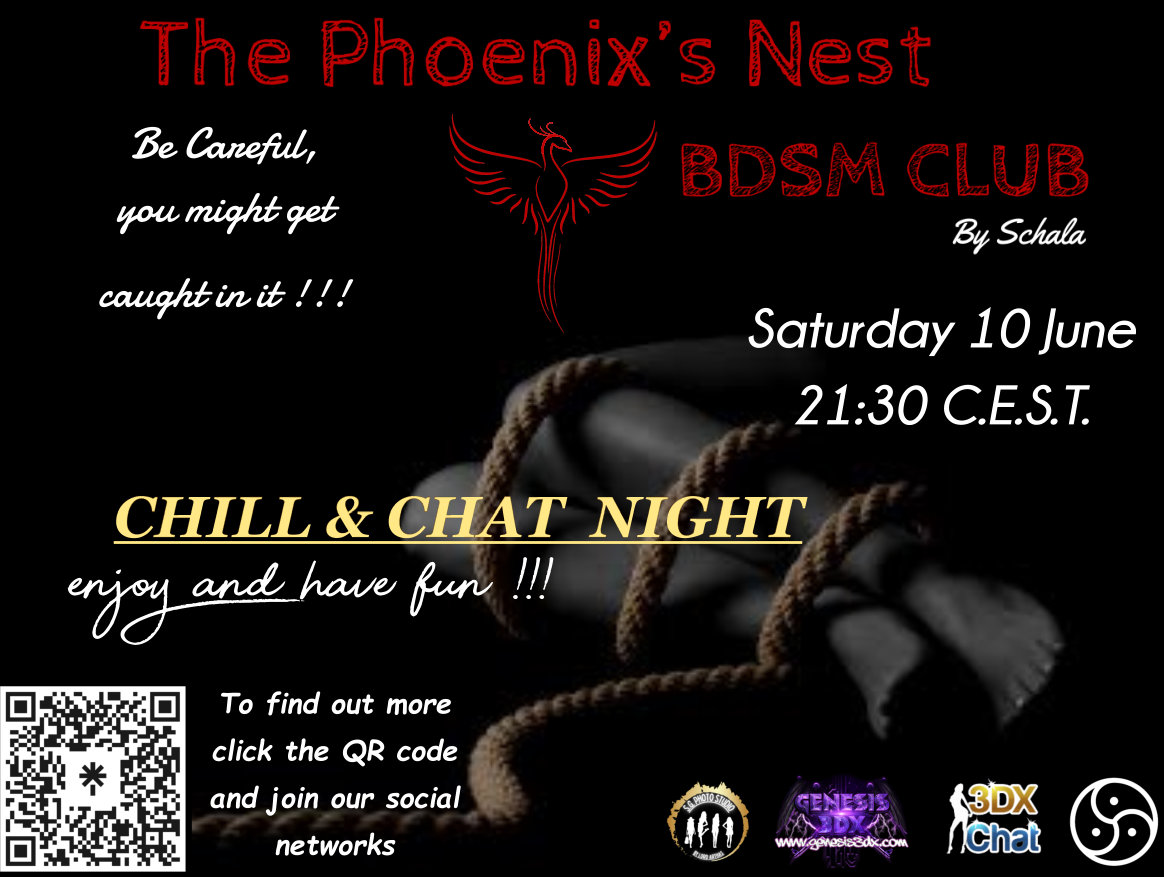 Unwind and connect at the Phoenix's Nest BDSM Club's Chill and Chat Night. Join us for a relaxing evening of stimulating conversations in a welcoming atmosphere. Don't miss out! #ChillAndChatNight #PhoenixsNestBDSMClub #RelaxAndConnect #BDSM