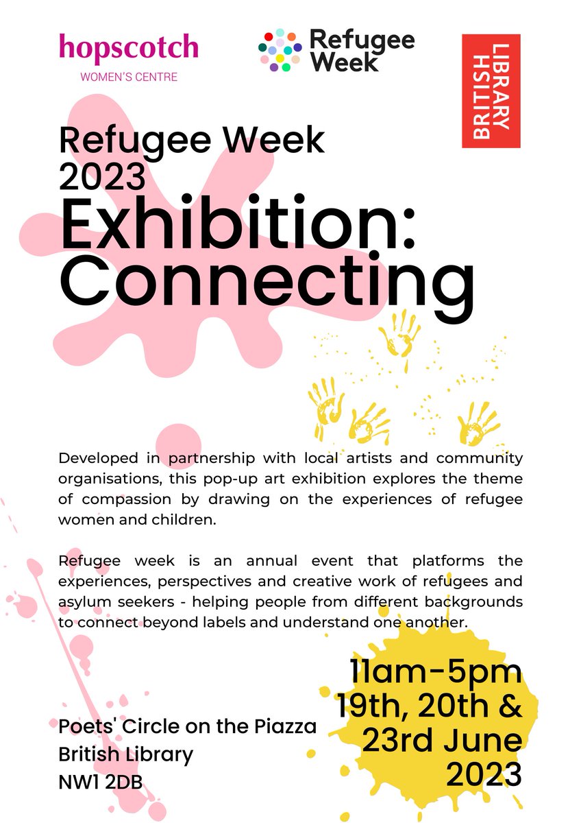 Hopscotchwc's tweet image. We are so excited to share news of our exhibition, ‘Connecting’, that will be displayed at the British Library for Refugee Week 2023!

This has been a beautiful collaborative project with the refugee women and children who we support on our refugee advocacy project.

#RefugeeWeek