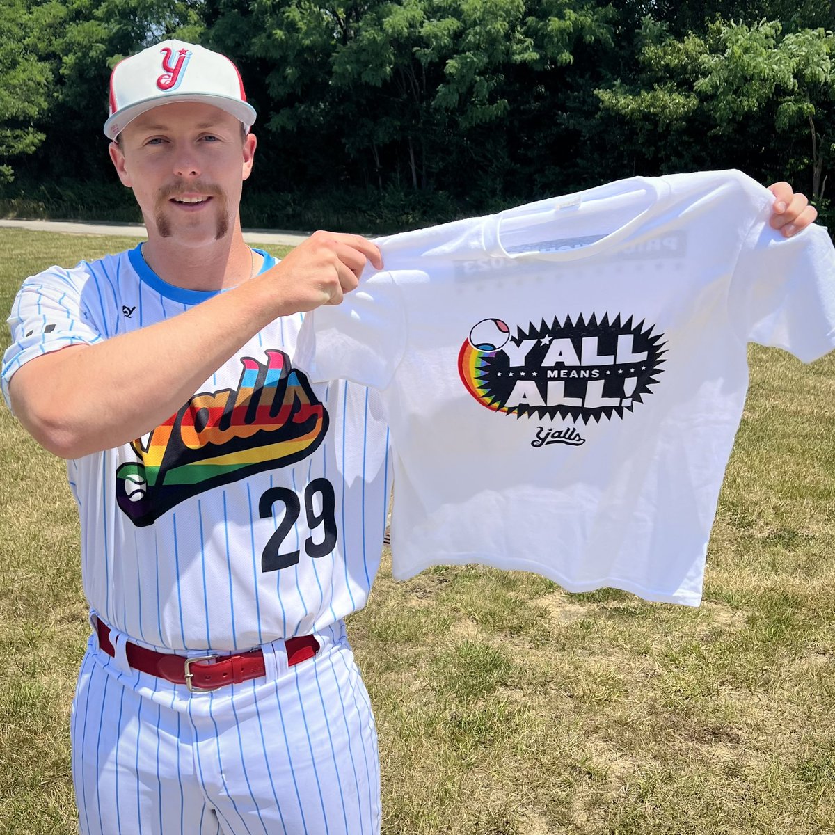 Y’all ‘r’ free to come on down to the ballpark today for our Happy Hour 🍻 where we have half off Domestic Drafts startin’ at 5pm & the first 1,000 fans can get a Y’all Means All giveaway shirt for our #PrideNight 🏳️‍🌈