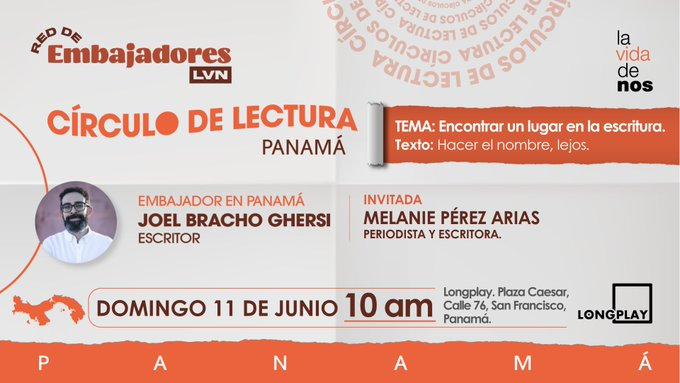 Conversemos sobre encontrar un lugar en la escritura en nuestro círculo de lectura en #Panamá. 

La sesión será guiada por el embajador <a href="/JoelBrachoG/">Joel Bracho Ghersi</a> y tendrá como invitada especial a la escritora @MelaPerezAria.

📅 Domingo #11Jun
🕙 10:00 am
📍 <a href="/longplaypanama/">Longplay</a>

¡Los esperamos!