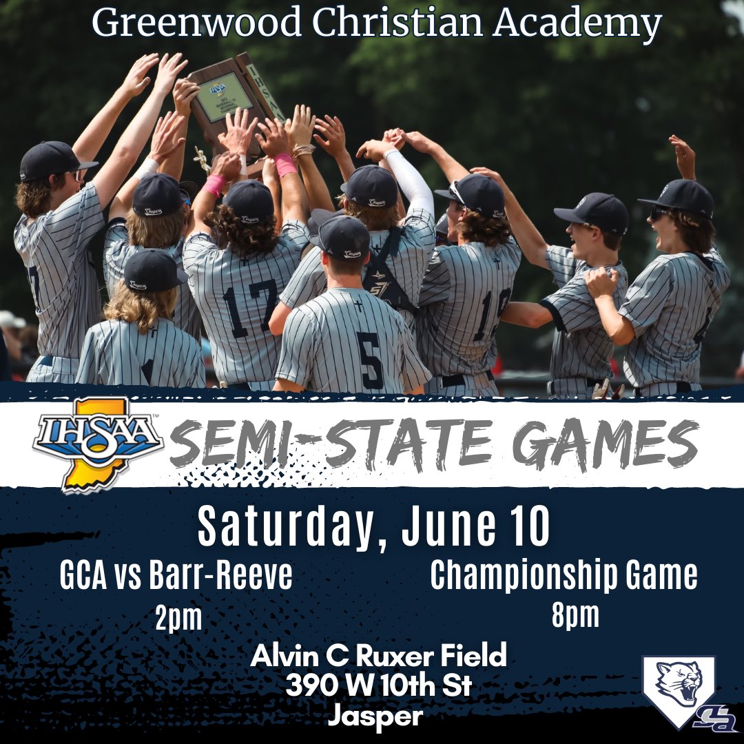 GCA_VarBaseball's tweet photo. 💥SEMI-STATE GAMES💥
First Game: GCA 🆚 Barr-Reeve
📅 Saturday, June 10
⏱️ First game at 2pm
Championship game at 8pm 
🏟️Alvin C Ruxer Field
390 W 10th St, Jasper
🌡️85°☀️
#roadtothevic
@IHSAA1 
@gca_athletics 
@DailyJournalNet https://t.co/9XAQyvxKyc