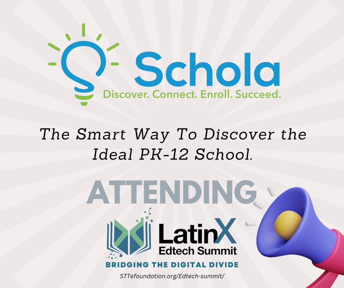 STTEFoundation's tweet photo. Guess who is coming to the #latinxedtech Summit in #ElPaso June 16. Come meet @scholaio - The Smart Way To Discover the Ideal PK-12 School.
We got some 🎤 BIG NEWS to share.
Don't miss out.
👇Attend at 👇
https://t.co/soa9851cbd
@edulabcapital @CREEEDorg @ESCRegion19 https://t.co/7q0mrwUYtZ