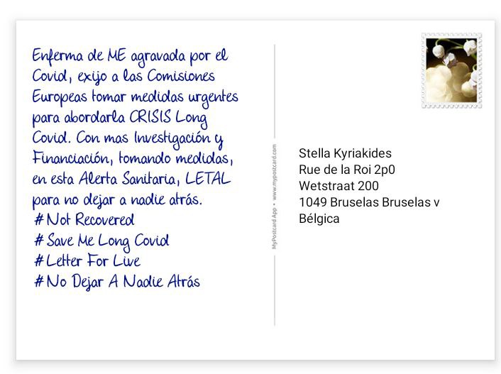 Rebe73539251's tweet photo. Mi compi @Mart47958Santos tb ha enviado su postal #LetterForLife para reclamar atención, investigación, medidas y reconocimiento para la #EncefalomielitisMialgica, #CovidPersistente y otras enfermedades relacionadas. Aún tenéis tiempo! #EndTheSilence #NotRecovered @CovidVictimas https://t.co/5v9JGwExAU