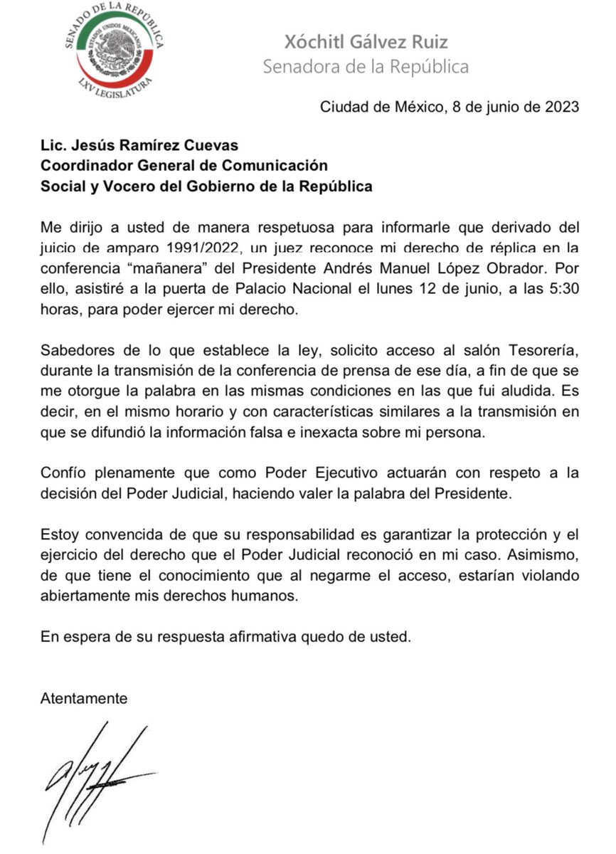 Xóchitl Gálvez Ruiz (@xochitlgalvez) on Twitter photo Respetuosamente, he notificado a Palacio Nacional que asistiré el lunes para ejercer mi #DerechoDeRéplica.
#XóchitlALaMañanera
C.C.P <a href="/JesusRCuevas/">Jesús Ramírez Cuevas</a> Respetuosamente, he notificado a Palacio Nacional que asistiré el lunes para ejercer mi #DerechoDeRéplica.
#XóchitlALaMañanera
C.C.P <a href="/JesusRCuevas/">Jesús Ramírez Cuevas</a>