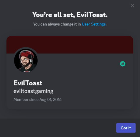 EvilToastGaming's tweet photo. Discord did its username updates, and I claimed mine. Let's see yours! https://t.co/3MfAFoLWC4