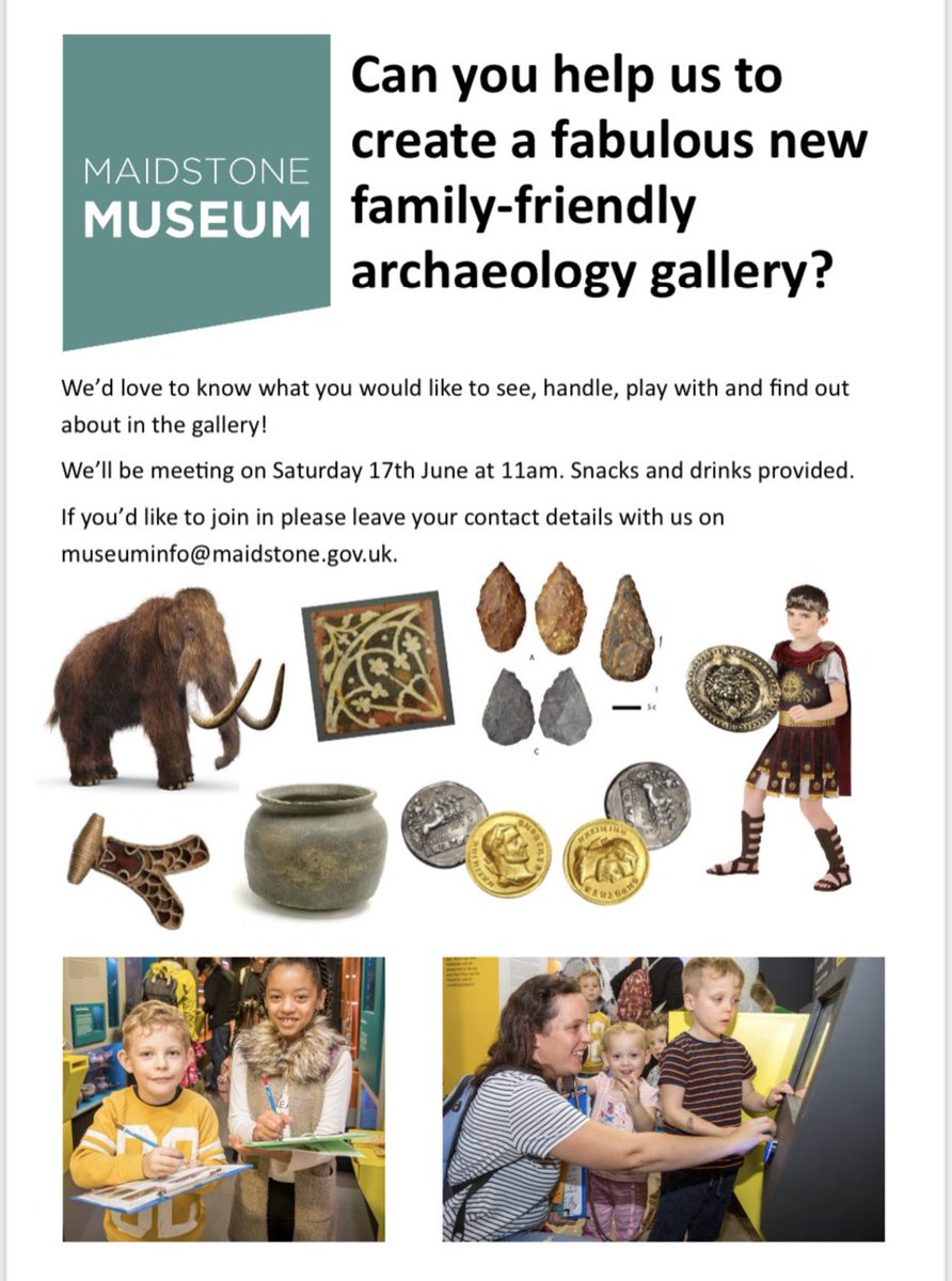 We are looking for 10 families to come help with ideas for our new family friendly archaeology gallery.  If you’d like to help us on Saturday 17 June please email museuminfo@maidstone.gov.uk 
We will confirm places via email.