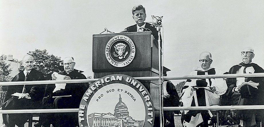 60 years ago today, President John F. Kennedy gave AU's 1963 commencement speech saying "For, in the final analysis, our most basic common link is that we all inhabit this small planet. We all breathe the same air. We all cherish our children's future." jfklibrary.org/asset-viewer/a…