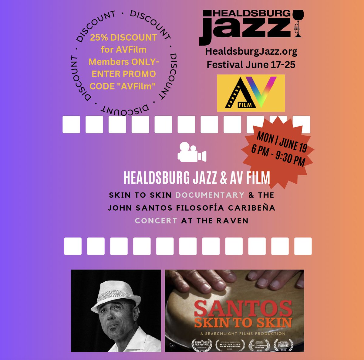 TrueWestFilm's tweet photo. 🎺 We have partnered with our friends at @healdsburgjazz to bring SANTOS: SKIN TO SKIN documentary, followed by a Q&amp;A session and a live performance from John Santos Sextet. When 👉  6/19, 6 PM, at @RavenTheater. Use code "AVFilm" for 25% OFF your tickets. 
#AVFilm #Healdsburg https://t.co/BqNnGBW8uD