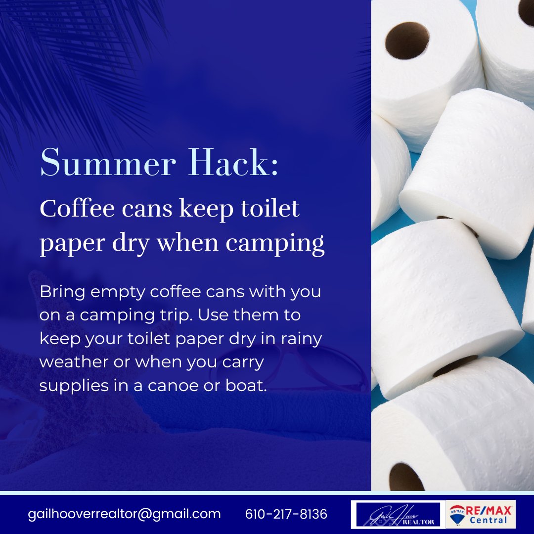 GailHoover's tweet image. Did you know? Coffee cans keep toilet paper dry when camping. Read this.

#LehighValleyRealtor #hometips #summerhack