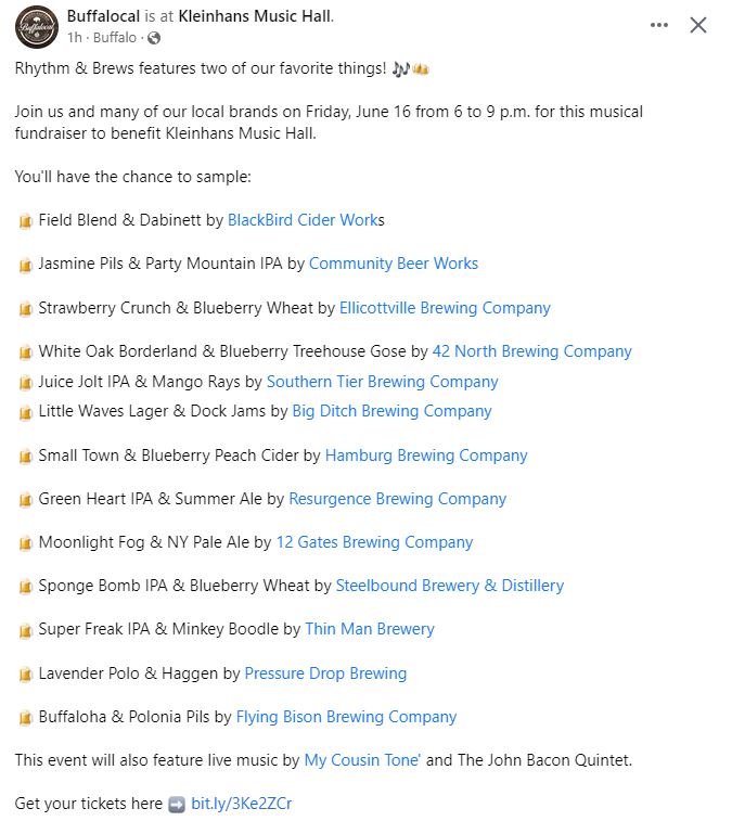 Our friends at <a href="/buffalocal716/">Buffalocal</a> have released the beer list for next week's Rhythm &amp; Brews event at <a href="/KleinhansBflo/">Kleinhans Music Hall</a>. 

We're most looking forward to fresh 
<a href="/flyingbison/">Flying Bison</a> Polonia Pils, Lavender Polo IPA from <a href="/pressurebrewers/">PressureDropBrewing</a> &amp; Party Mountain IPA from <a href="/communitybeer/">Community Beer Works</a> &amp; <a href="/bigditchbrewing/">Big Ditch Brewing</a>.