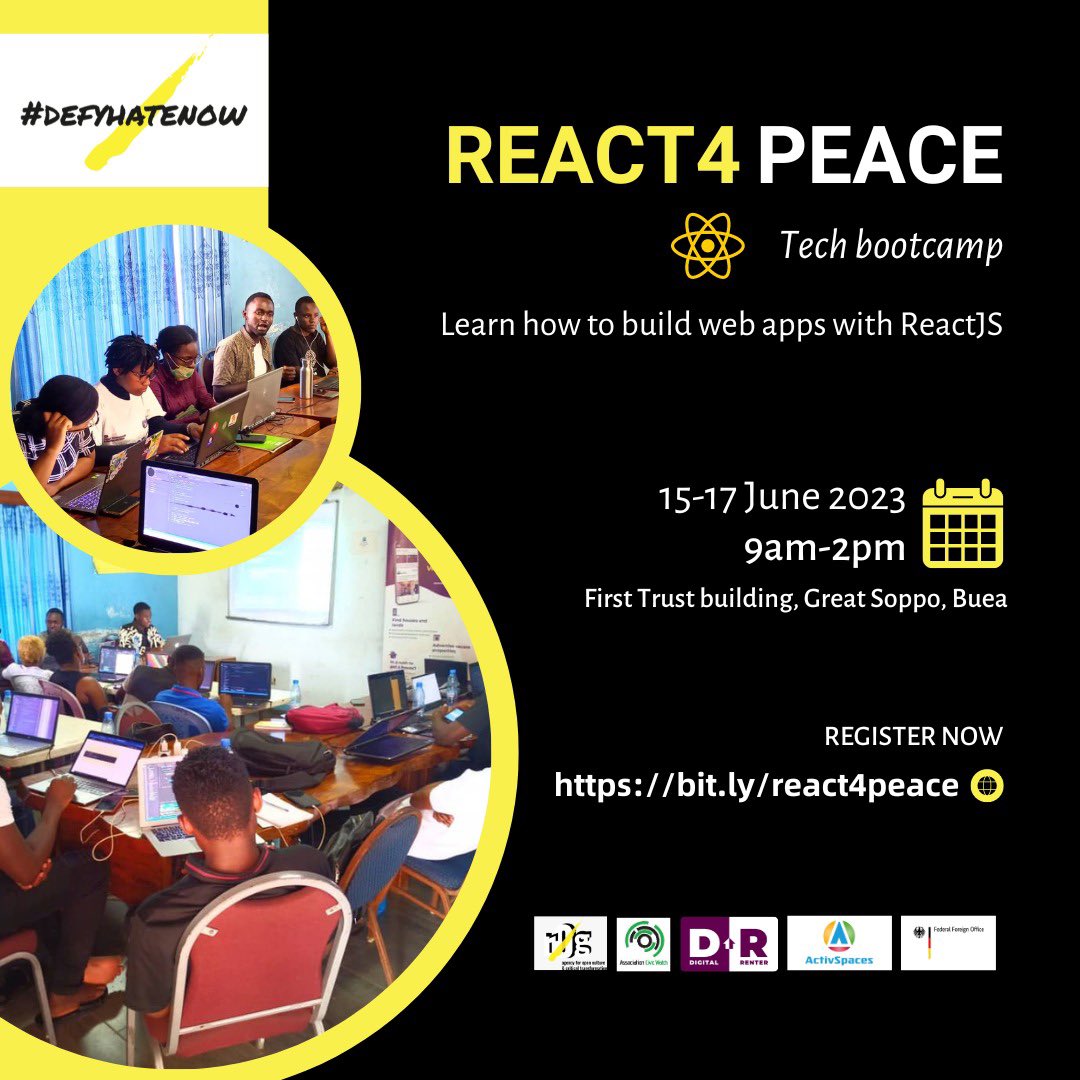 ActivSpaces's tweet photo. With the Upcoming International Day for countering Hate Speech, ActivSpaces, Digital Renter and #Defyhatenow are organizing a 3 day #React4Peace Tech bootcamp at ActivSpaces Buea. promote a #HateFreeCameroon
Contact:
Register now πππ
https://t.co/qdJXrzYPe7 https://t.co/0t7lvN3QPv