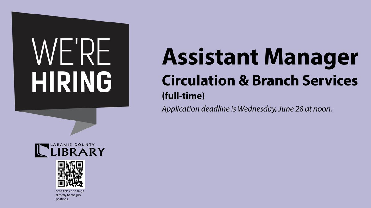 We are currently hiring a Circulation &amp; Branch Services Assistant Manager. Visit lclsonline.org/work/ to learn more about the position and submit an application before Wednesday, June 28 at noon!