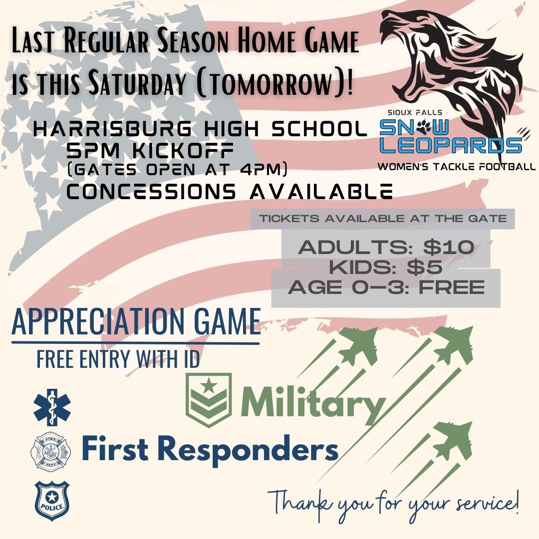 Come join us for our last regular season home game against the Nebraska Pride this Saturday (tomorrow, June 10th) with kickoff set for 5pm (doors open at 4pm). It’s also our military and first responders appreciation game (free entry with ID) - come watch their flyover!