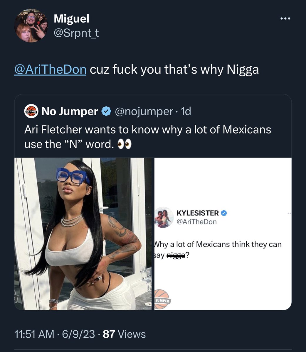 Her wrong choice of words aside, I have a question now for Hispanic people who use the N word. I grew up with a lot of Latin people am I allowed to use yalls slurs too cause “it ain’t that deep” right?