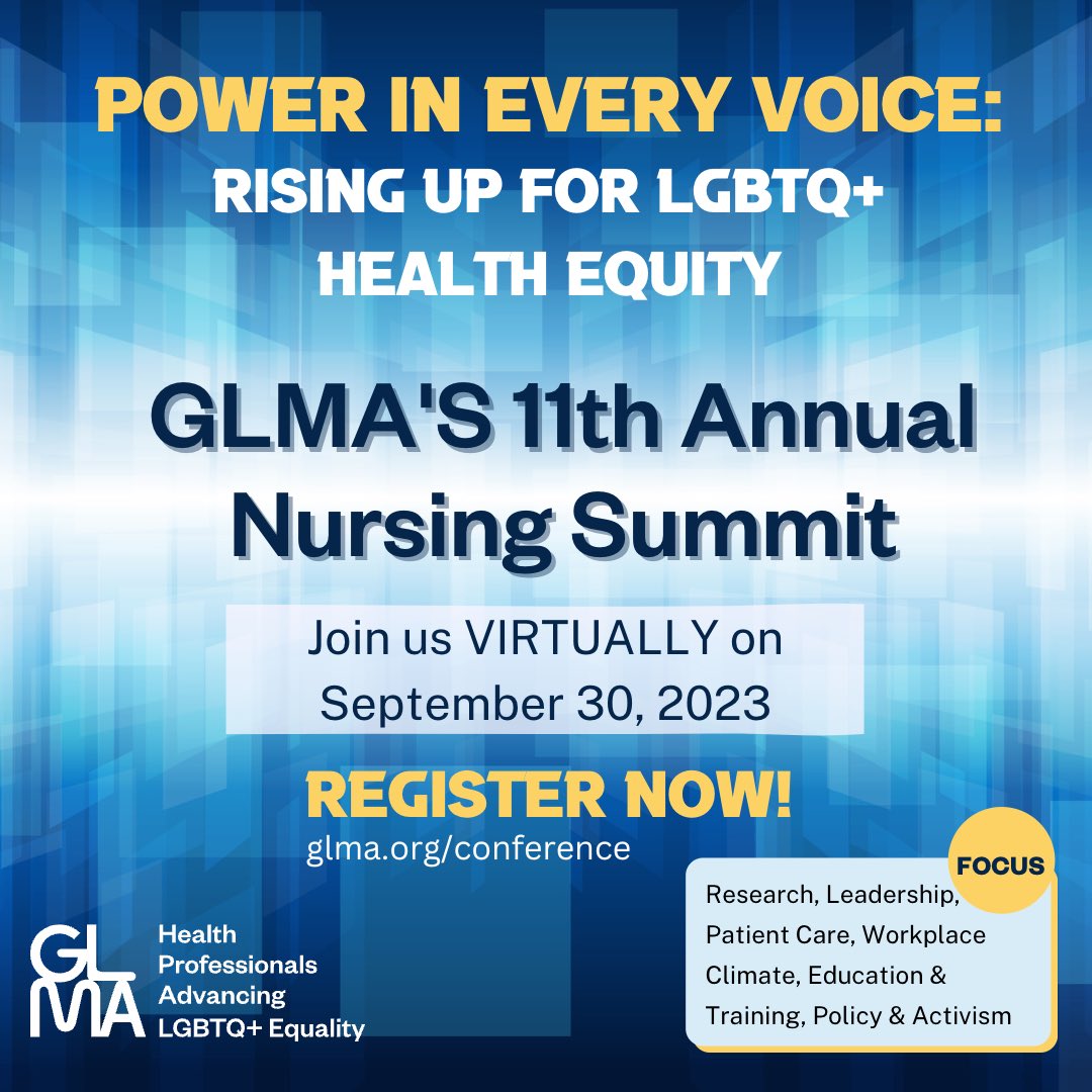 I am so happy to share that I’ve been asked to serve as the keynote speaker for the @GLMA_LGBTHealth 11th annual nursing summit.

I love to talk about @prideandplasma every chance I get and GLMA has been one of our biggest supporters.

To attend, visit: glma.org/conference