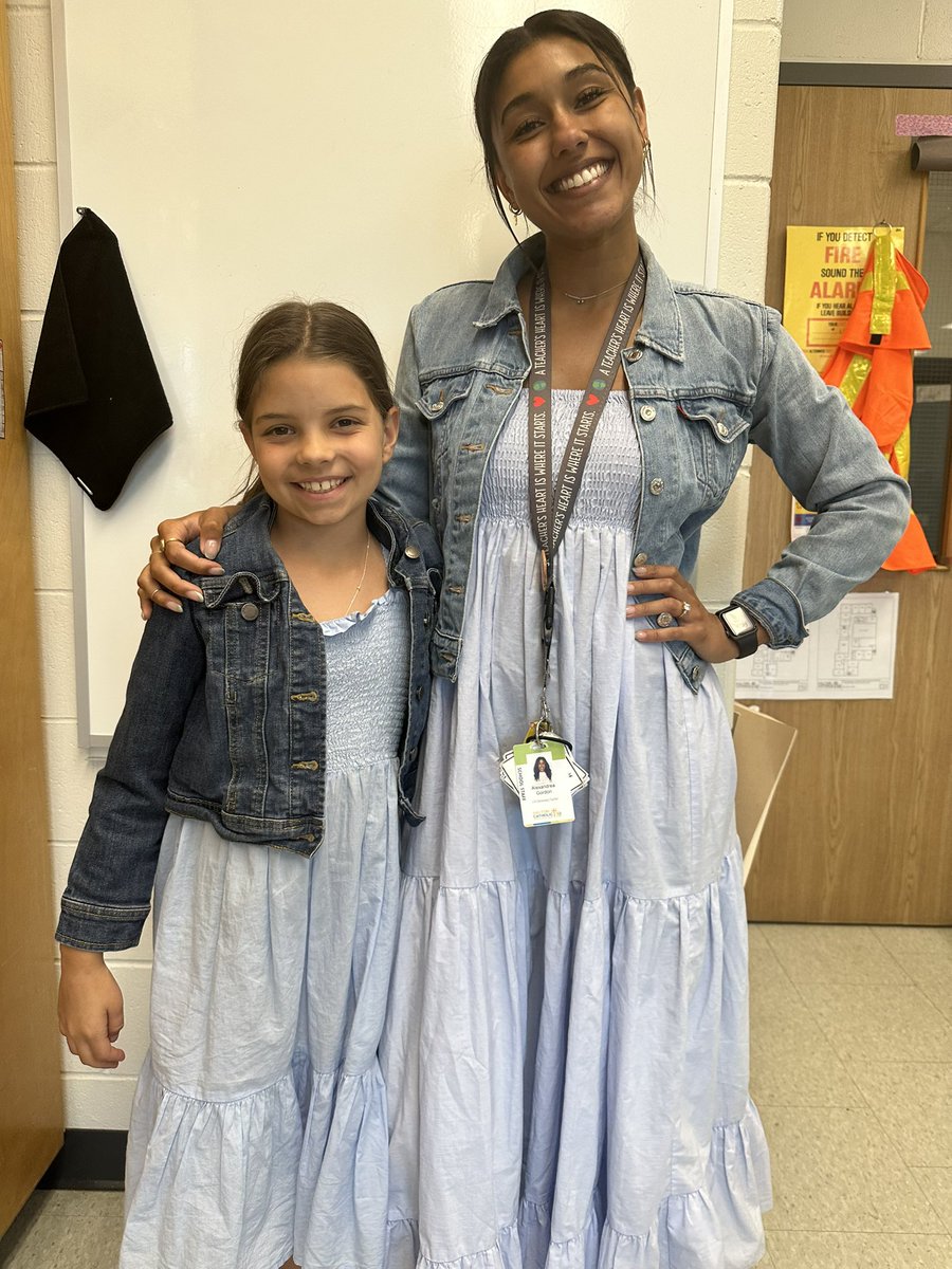 When G asks you to wear your blue dress and jean jacket for civvies day… you wear your blue dress and jean jacket for civvies day! We’re TWINS 👗🫶🏽@HolyRosaryM #makingmemories