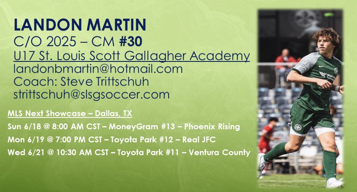 Texas bound…Looking forward to the <a href="/MLSNEXT/">MLS NEXT</a> Showcase opportunity. Schedule ⤵️ @SLSGsoccer <a href="/SLSGAcademy/">Saint Louis Scott Gallagher MLSNext Academy</a> <a href="/TopDrawerSoccer/">TopDrawerSoccer</a> <a href="/PrepSoccer/">Prep Soccer ⚽️</a> <a href="/ImCollegeSoccer/">College Soccer Truth ™</a> <a href="/TheSoccerWire/">SoccerWire</a> @SoccerMomInt <a href="/AbendGuy/">GuyAbend</a>