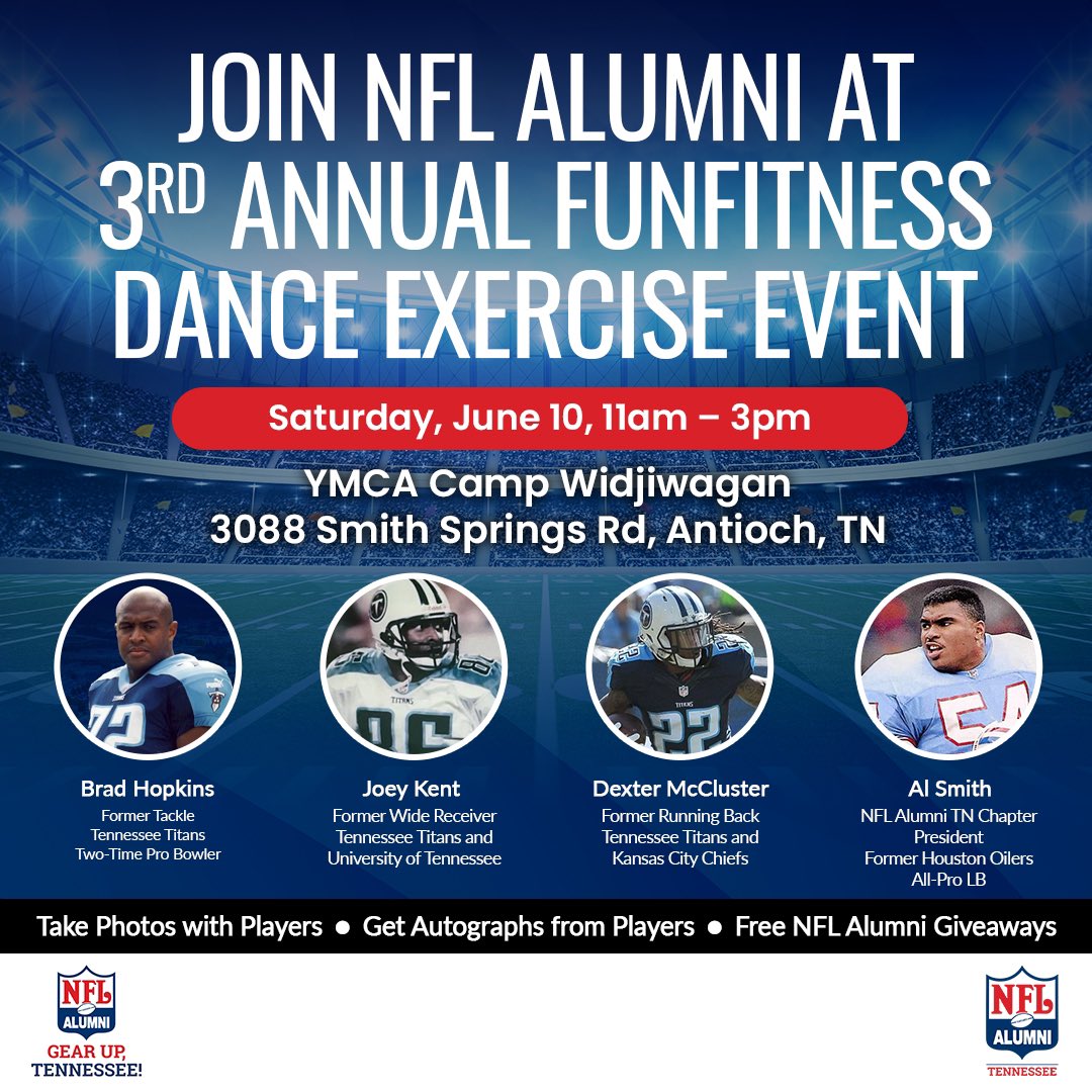 Join us tomorrow from 11-3 pm at Camp Widji for the 3rd Annual FunFitness Dance Exercise Event w/ special guest @MrTonyTerry! 
Meet me & NFL alumni @joeykent @dextermccluster & @B_Hop72! 
Hope to see you there! #GearUpTN @NFLAlumni  @CampWidjiBus