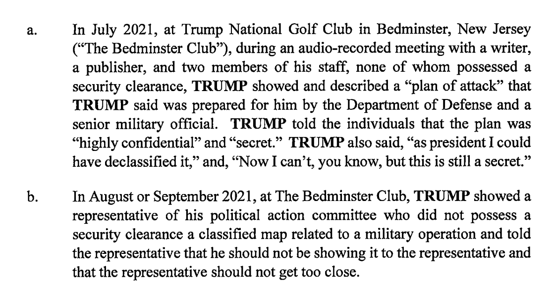 therecount's tweet photo. Per the unsealed Trump indictment — and as seen in the leaked recording transcript — the former president twice showed classified information to people without the necessary clearance to view it.

These documents pertained to military plans and operations. https://t.co/l5QWITsOv3 https://t.co/bEQrZvlYXp