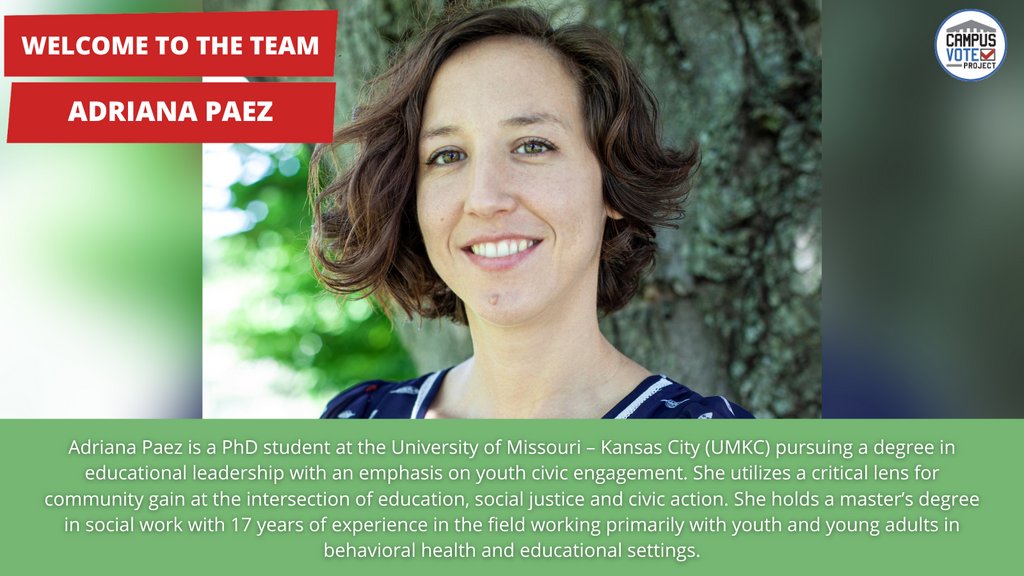 CampusVote's tweet photo. Welcome to the team Adriana Paez, CVP's newest Curriculum & Research Intern!
Learn more about our staff at https://t.co/kA94iRIlmb
#campusvoteproject https://t.co/jqaKHB6qGT
