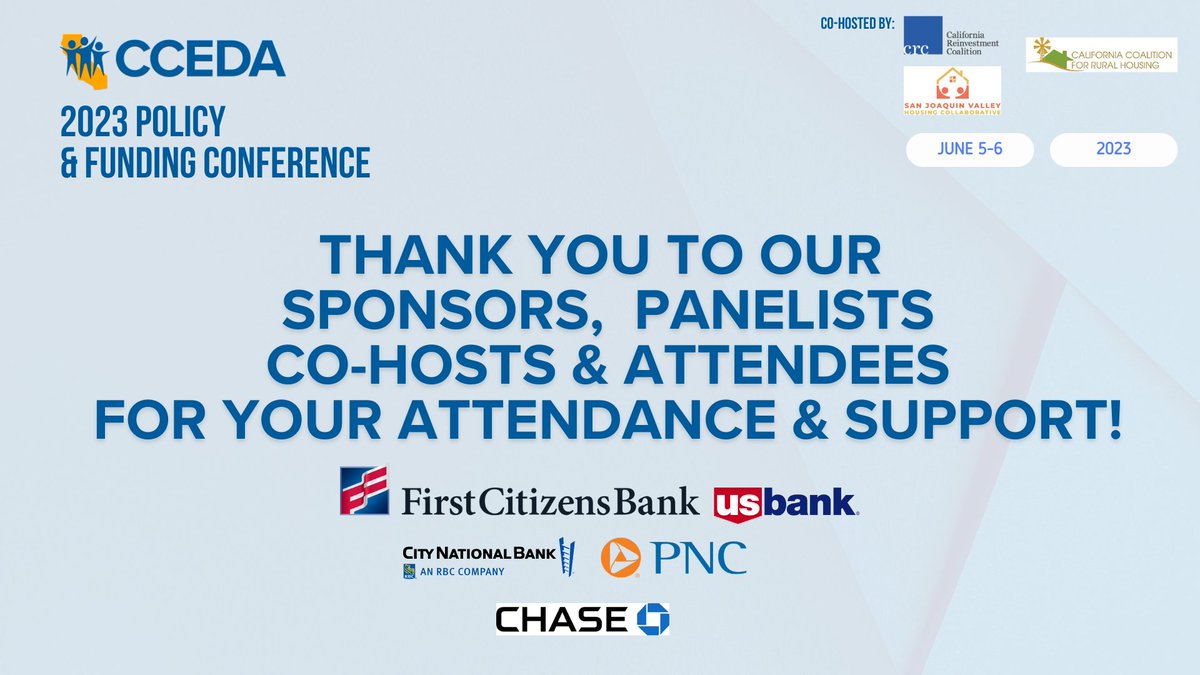 A BIG Thank you from CCEDA's Staff and Members to our Sponsors, Panelists, Co-Hosts and attendees for their support during our 2023 Policy & Funding Conference on June 5-6th.
What conference would you like us to host next? 
#cceda #communitybasedorganization #funding